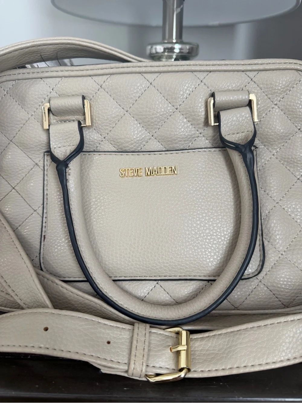 Steve Madden Quilted Beige Satchel with Black Trim